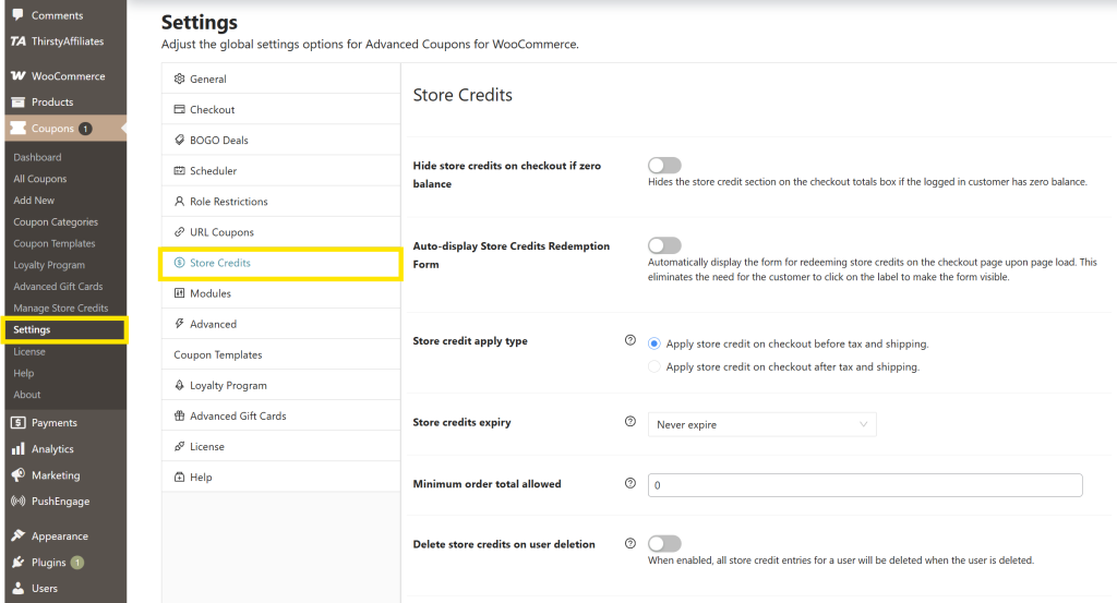 settings-store-credits - Advanced Coupons Advanced Coupons settings panel open to Store Credits configuration screen