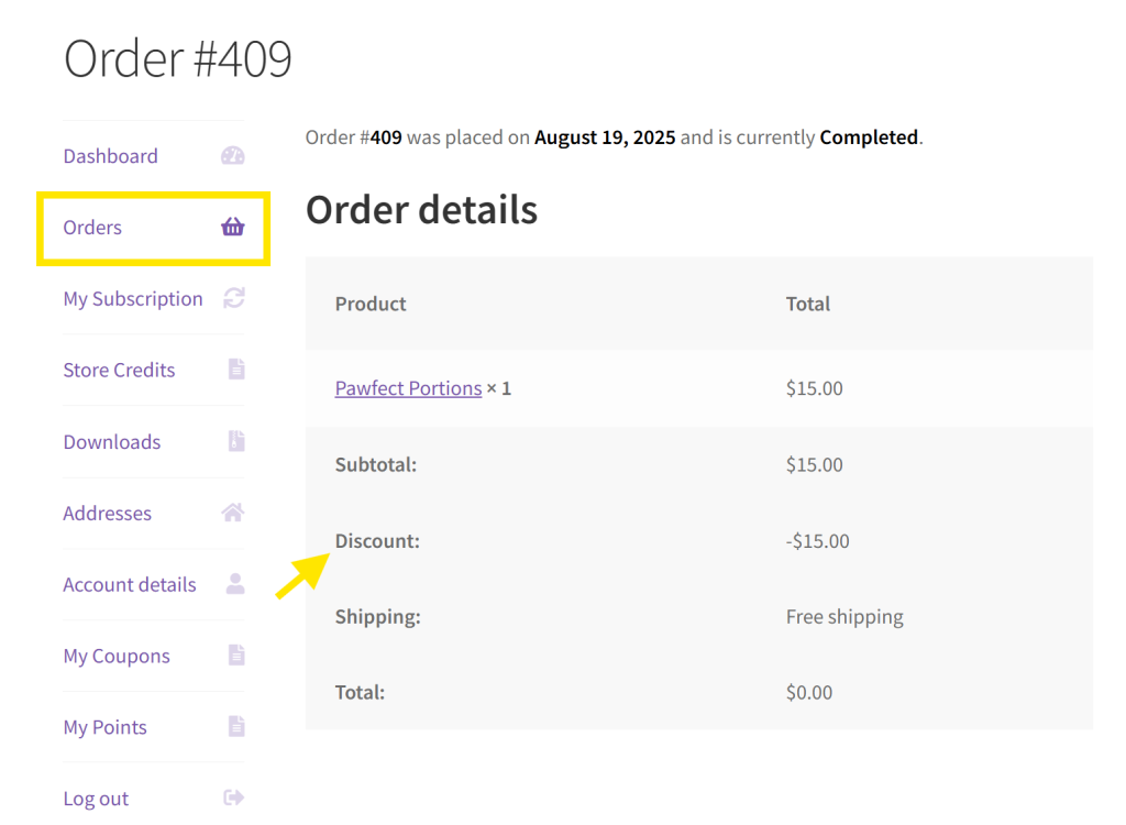 Customer account view in WooCommerce showing the discount from store credit applied to a completed subscription order 