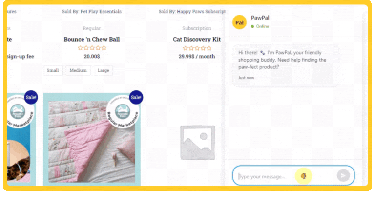 storeagent chat-demo - Advanced Coupons GIF showing a StoreAgent Chat widget named “PawPal” responding to a customer inquiry beside WooCommerce product listings.