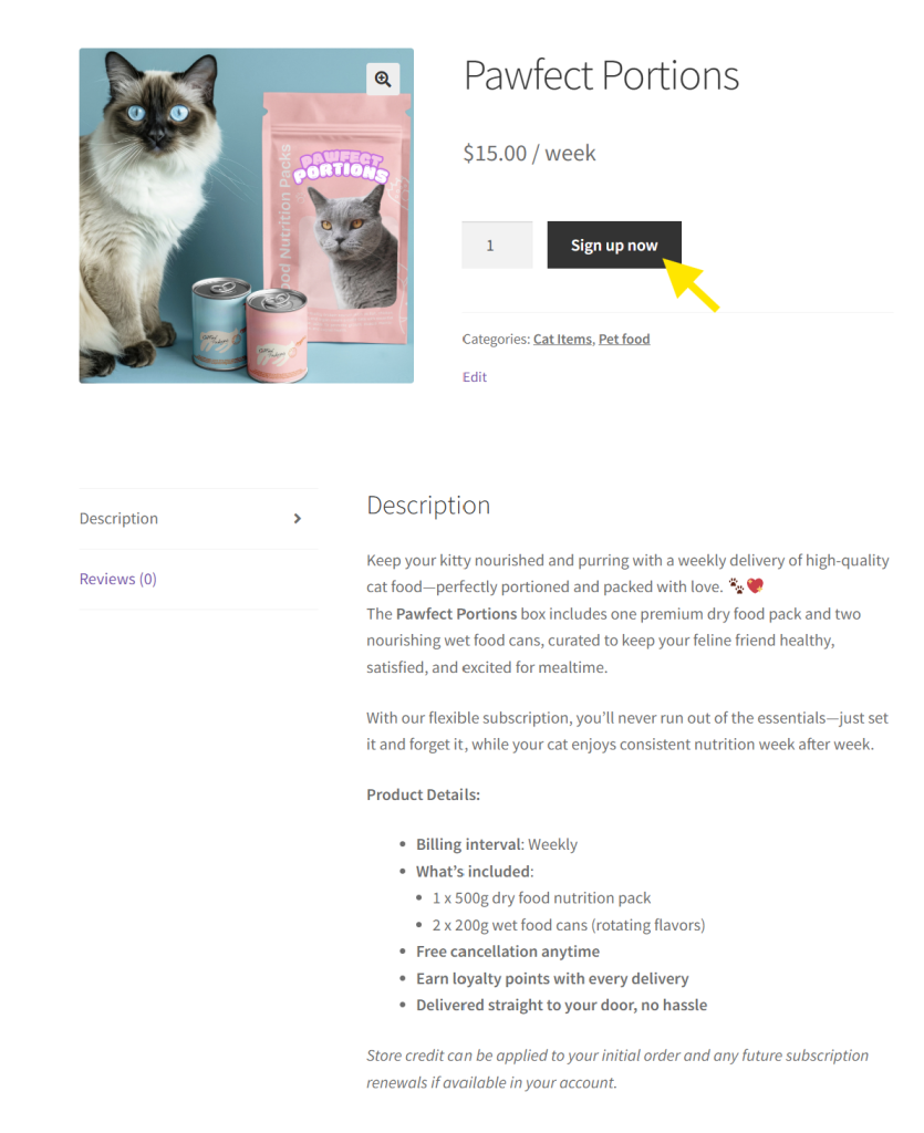 Product page for a subscription product named Pawfect Portions, showing pricing, product image, and “Sign up now” button 