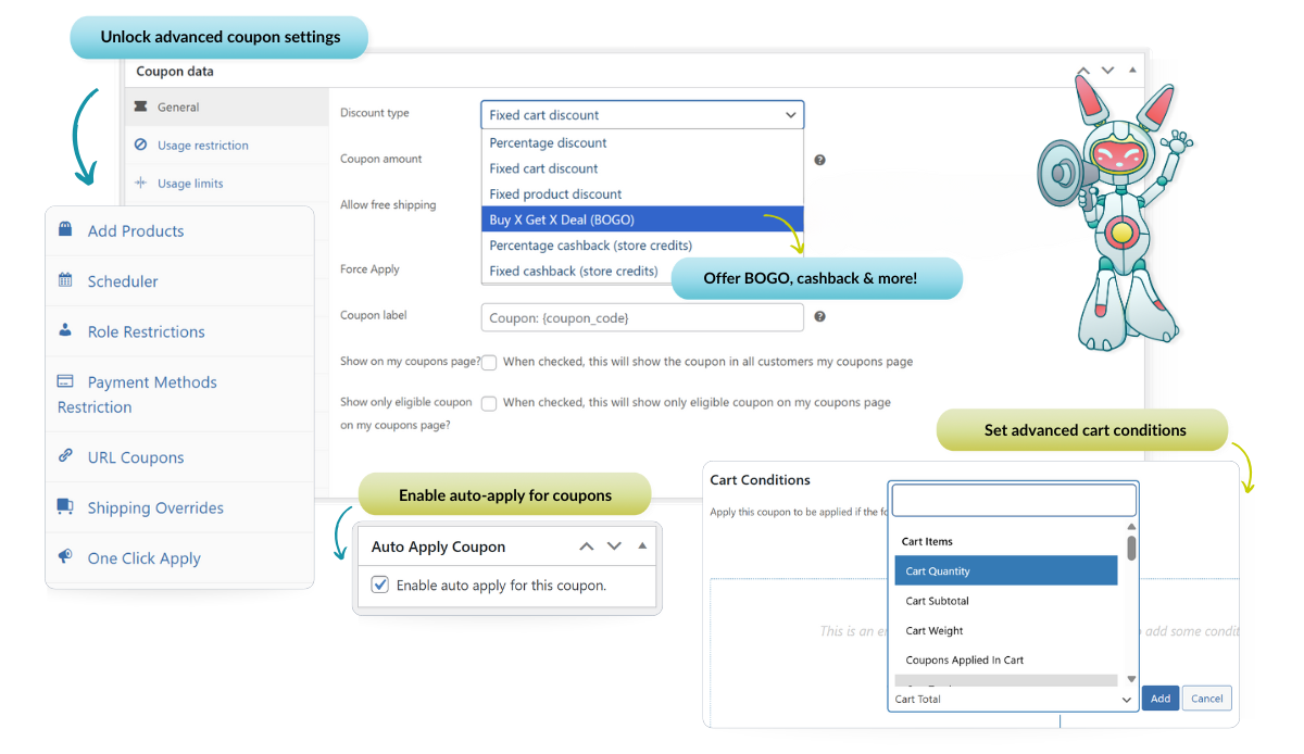 Advanced Coupons Premium interface for WooCommerce showing BOGO, auto-apply, and advanced coupon settings