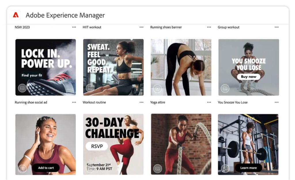Adobe Experience Manager dashboard displaying a grid of fitness ad thumbnails—running shoes, workouts, yoga, and challenge banners with bold text and CTAs.