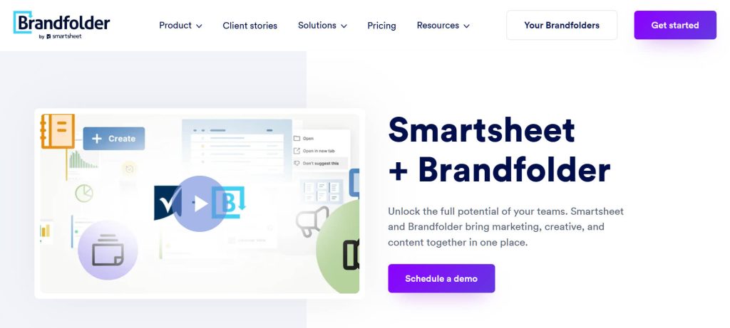 Website hero showcasing Smartsheet + Brandfolder integration, bold headline and purple 'Schedule a demo' button beside illustrated dashboard graphic.