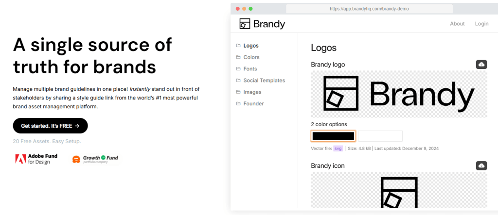 brand-guidelines-software-brandy - Advanced Coupons Split-screen design with bold marketing copy on left and a Brandy dashboard on right showcasing logo files, color options, and downloads.