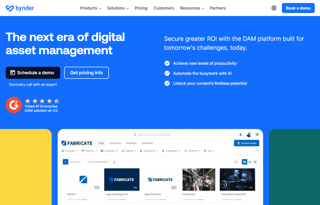 Bright blue Bynder landing page promoting a digital asset management platform, showing headline, call-to-action buttons and a sample asset library interface.