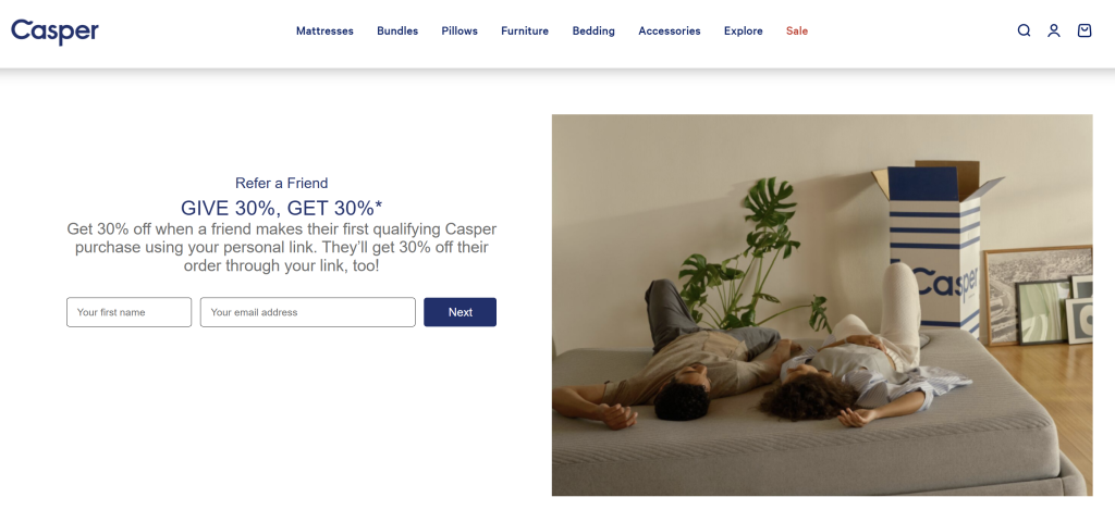 casper-referral - Advanced Coupons Casper's referral program banner offering 30% off for both the referrer and their friend using a personalized link