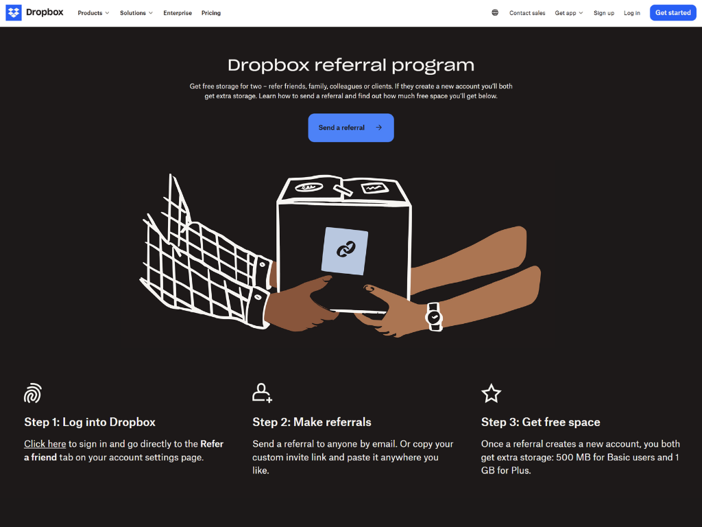 dropbox-referral-program-sample - Advanced Coupons Dropbox referral program page showing 3 steps: log in, refer a friend, and get extra storage space