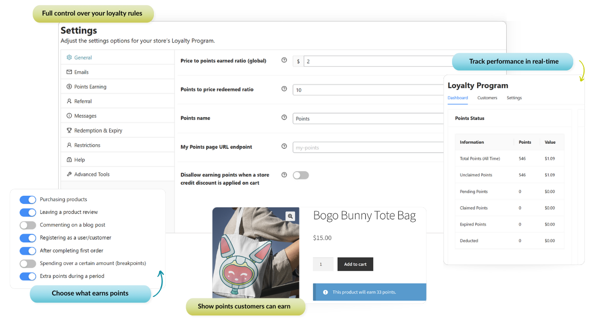 - Advanced Coupons WooCommerce loyalty program settings, earning rules, and reports