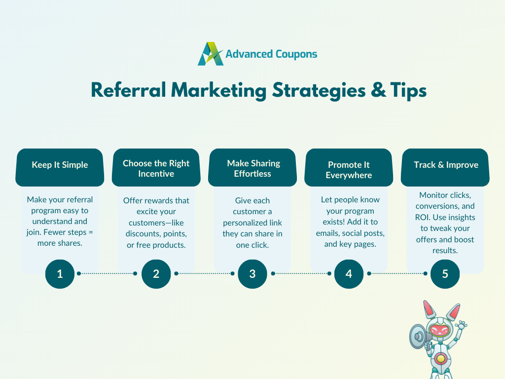 referral-marketing-strategies - Advanced Coupons Infographic showing 5 referral marketing strategies: keep it simple, choose incentives, make sharing easy, promote it, and track performance