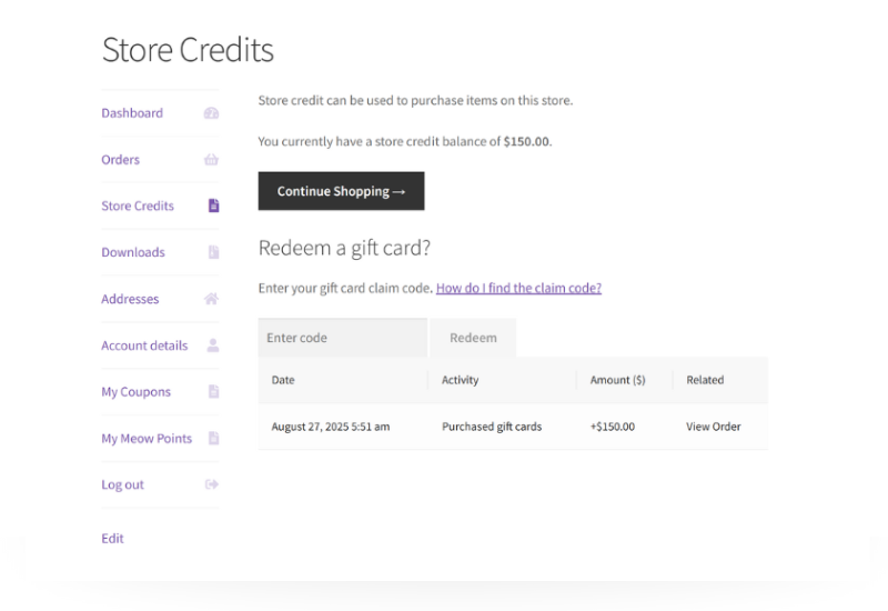 - Advanced Coupons Redeeming WooCommerce gift cards for store credit balance