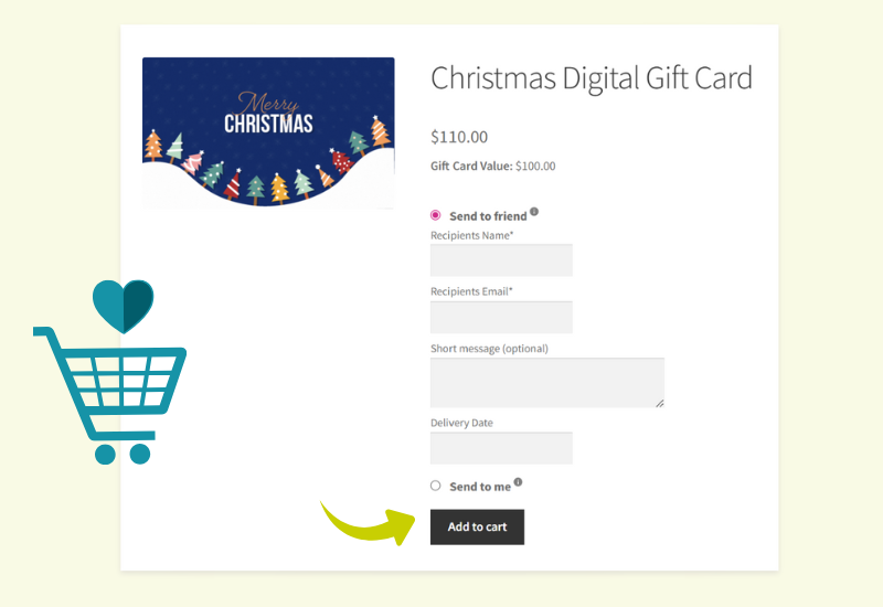 - Advanced Coupons WooCommerce digital gift card with send-to-friend fields and add to cart button