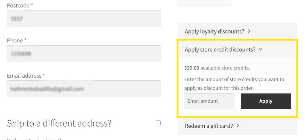 WooCommerce checkout screen with store credits field showing  available and input box to apply discount