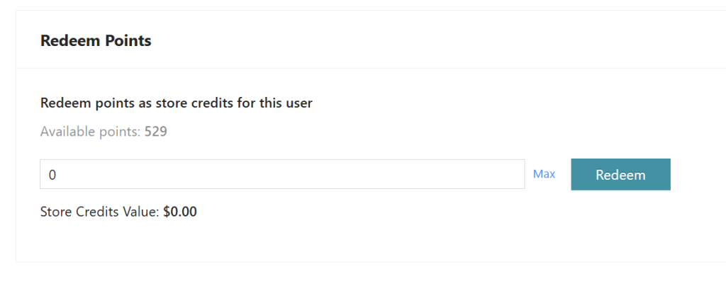 Field for converting loyalty points to store credits, with Max button and store credit value preview