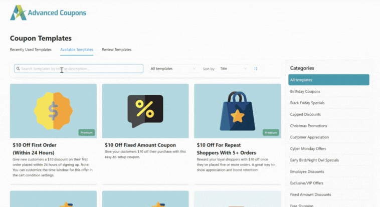 coupon-templates-filter-and-sort - Advanced Coupons New search bar, category filter, and sorting options for WooCommerce coupon templates in the Advanced Coupons plugin