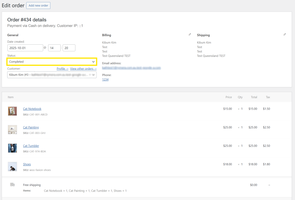 WooCommerce admin order screen showing the status set to “Completed”