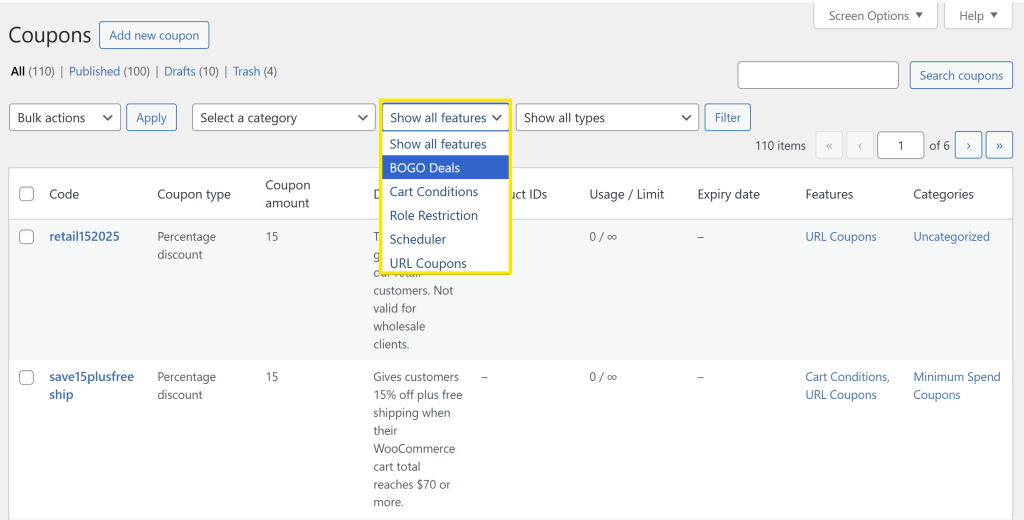 filter-by-coupons-dropdown - Advanced Coupons WooCommerce Coupons list with the “Show all features” dropdown expanded, showing filtering options like BOGO Deals and Cart Conditions