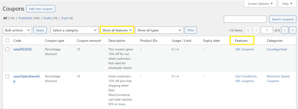 filter-by-coupons-new-feature - Advanced Coupons WooCommerce Coupons dashboard with a highlighted “Features” column showing Cart Conditions and URL Coupons tags