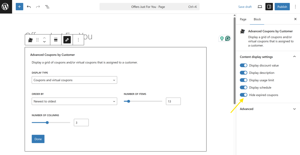 hide-expired-coupons-option - Advanced Coupons Gutenberg block settings showing the “Hide expired coupons” toggle activated in the Advanced Coupons by Customer block