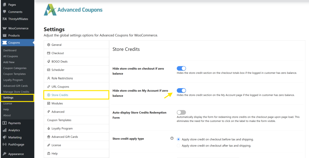 hide-store-credits - Advanced Coupons Advanced Coupons settings page with the “Hide store credits on My Account if zero balance” toggle highlighted