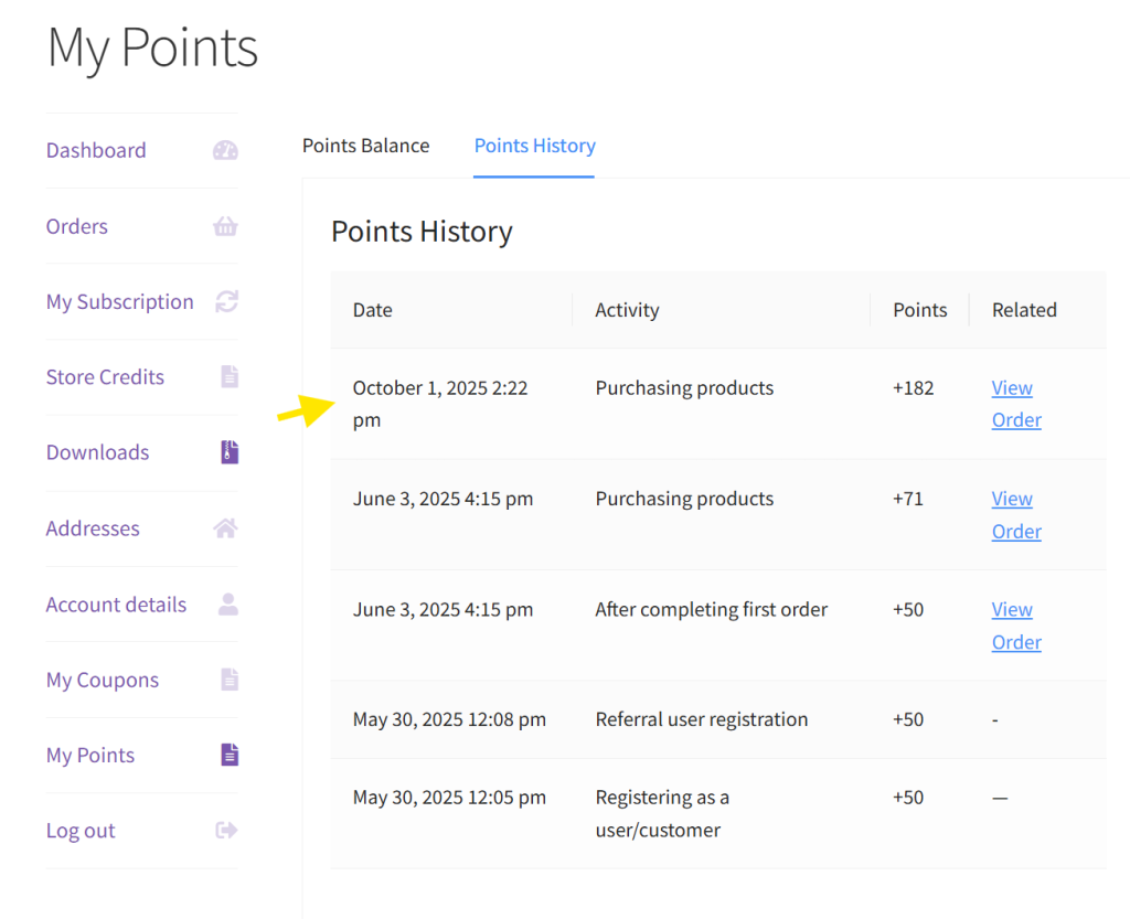 Customer’s Points History tab showing +182 points awarded for purchasing products after order was completed