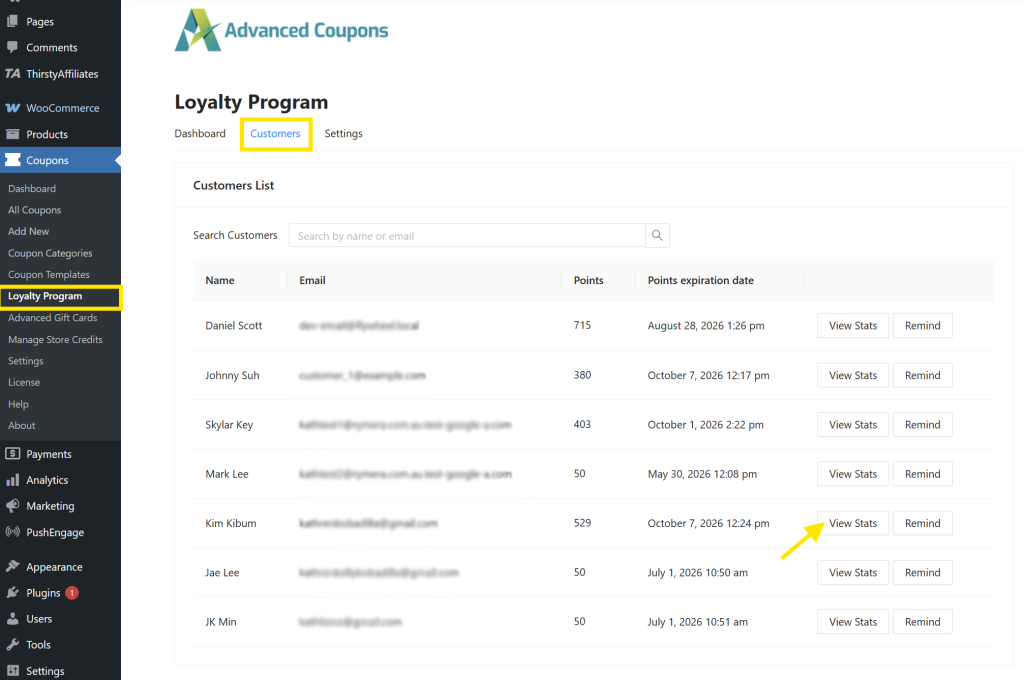WooCommerce Loyalty Program dashboard showing customer list, loyalty points, and the option to view stats 