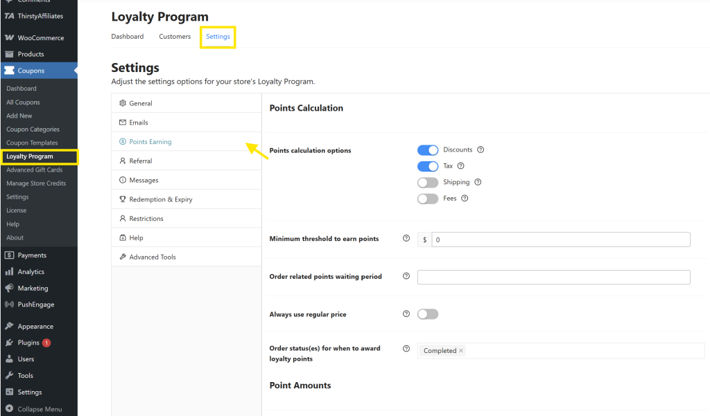 Loyalty Program settings page where store owners can access points configuration options 