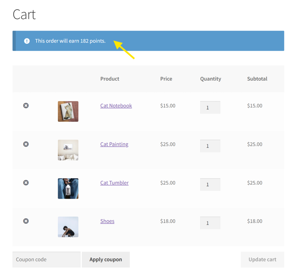 WooCommerce cart view showing a preview that the order will earn 182 points based on selected products