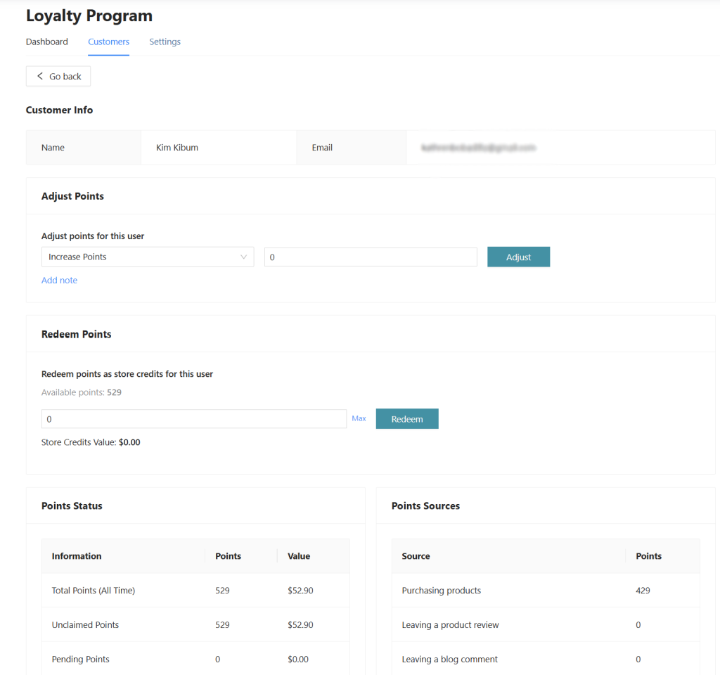 Customer loyalty profile in WooCommerce with point adjustment options and new Redeem Points section visible
