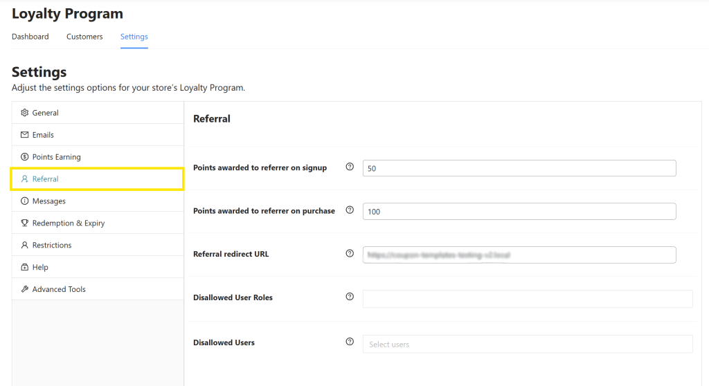 Referral settings in WooCommerce Loyalty Program plugin with fields for signup rewards, purchase rewards, and more 