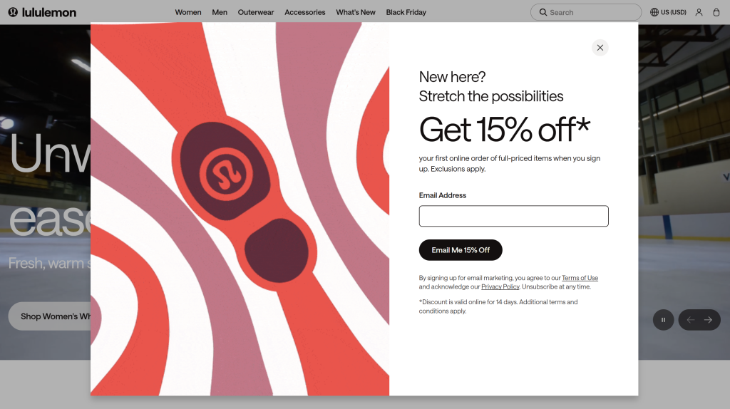 Lululemon email sign-up popup offering 15% off for first-time buyers