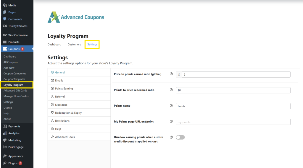 WooCommerce Loyalty Program settings page showing the General tab, including options for point ratios, points name, and more