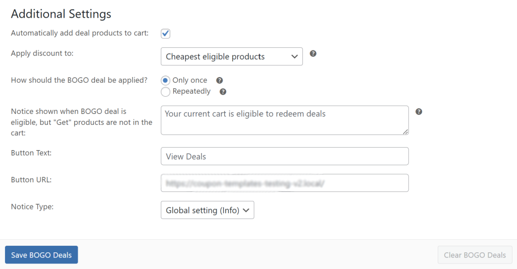 Advanced Coupons additional BOGO settings panel with options for auto-adding, repetition, and custom notice fields