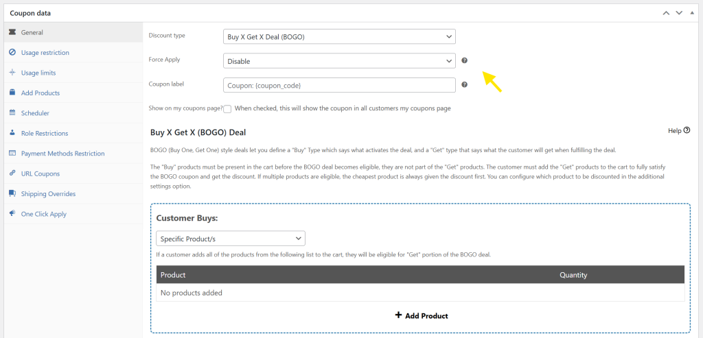 Advanced Coupons BOGO Additional Settings panel with auto-add, discount targeting, and notification options