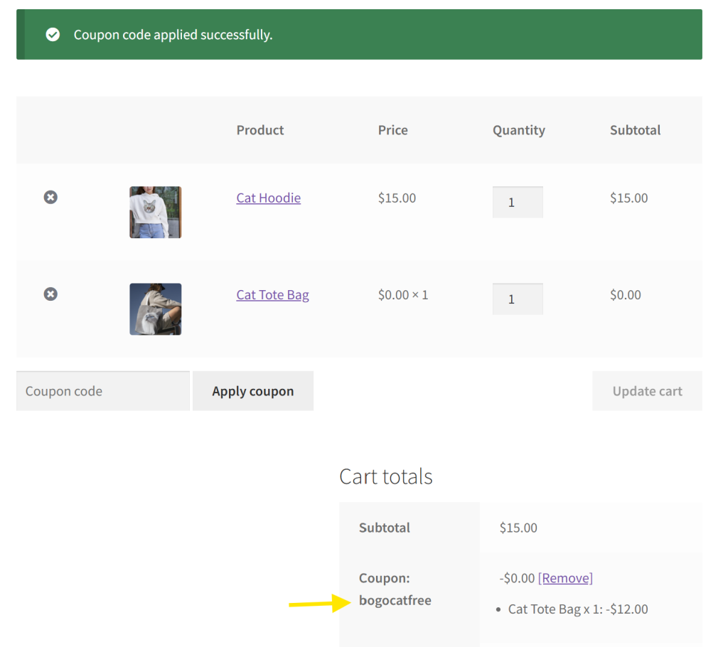 WooCommerce cart page showing a Cat Hoodie and a free Cat Tote Bag with the BOGO coupon code “bogocatfree” applied.