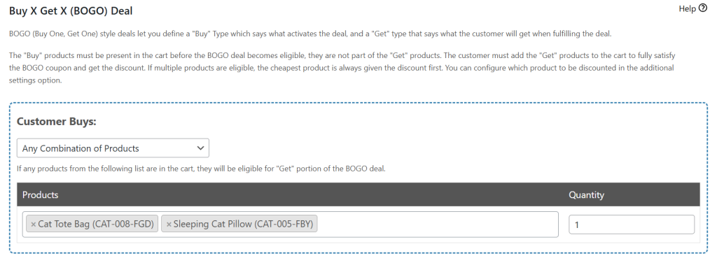 Example setup using Any Combination of Products in the Customer Buys section with cat-themed products added