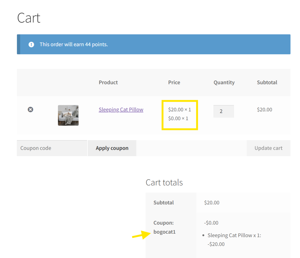 WooCommerce cart example showing one paid and one free item applied via a BOGO coupon