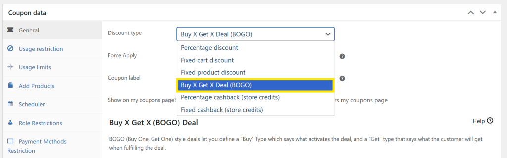 WooCommerce coupon data section showing discount type dropdown with BOGO selected in Advanced Coupons
