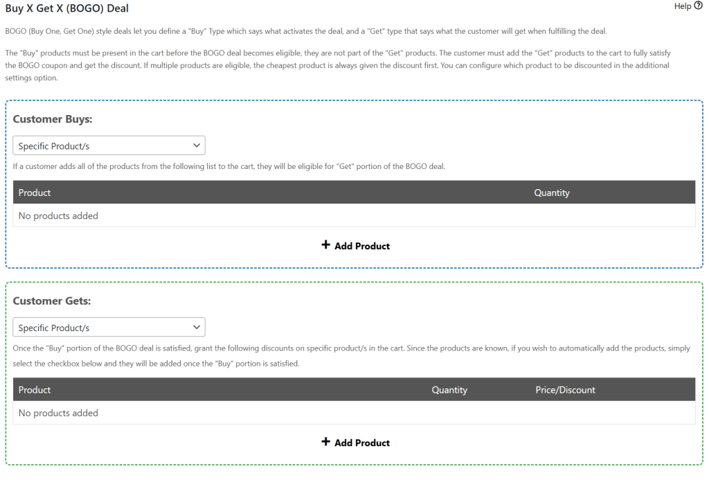 WooCommerce BOGO deal interface showing empty Customer Buys and Customer Gets sections