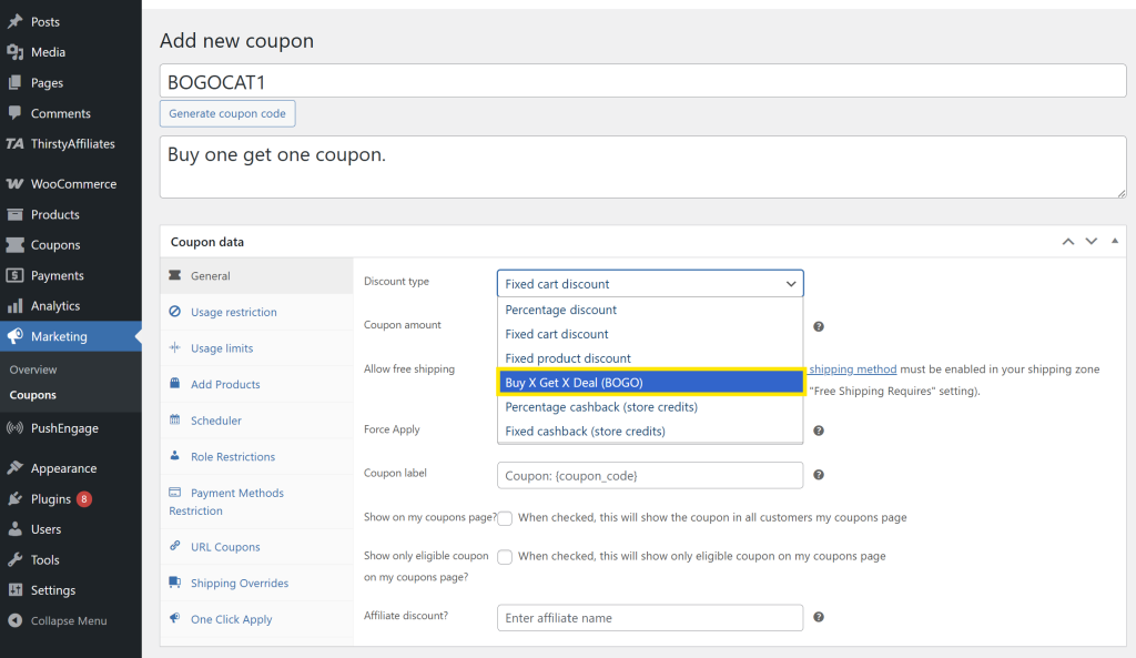 WooCommerce coupon settings with Buy X Get X Deal (BOGO) highlighted in dropdown