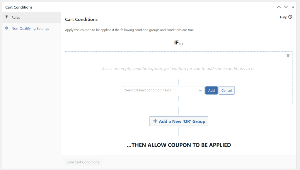 Cart conditions group in Advanced Coupons with dropdown to select condition fields and logic grouping options