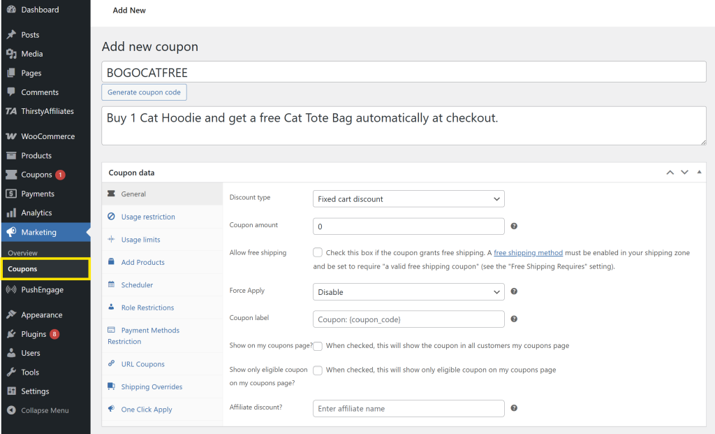 WooCommerce coupon creation screen with custom code and description added for a Buy X Get Y promo
