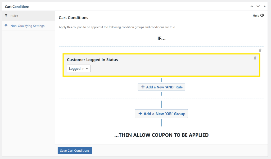 Advanced Coupons cart conditions interface showing a logged-in status rule for customer eligibility