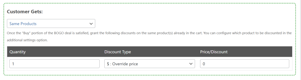 BOGO settings showing Same Products selected with quantity and override price discount set to 0