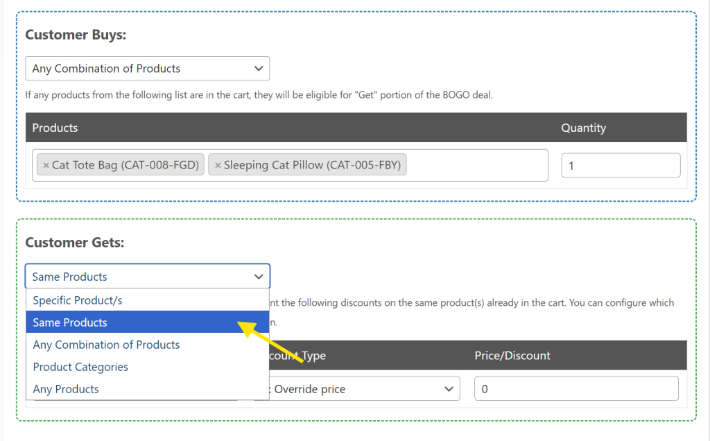 WooCommerce admin showing Same Products selected in the BOGO Customer Gets dropdown