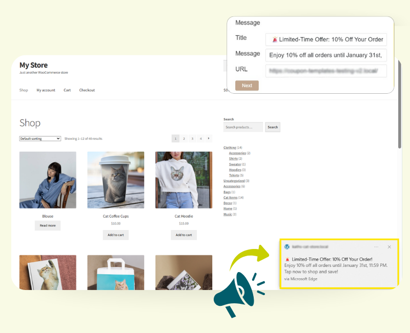 Example push notification with coupon offer from WooCommerce store