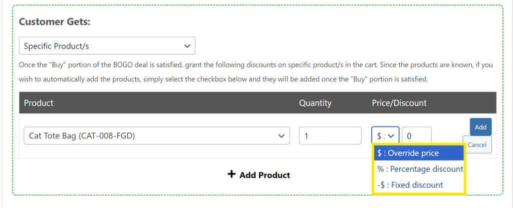 Advanced Coupons “Customer Gets” section with dropdown and discount type settings for reward configuration