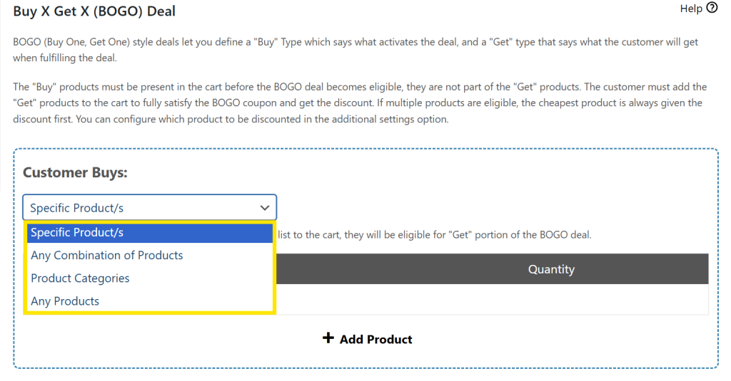 Buy X Get X (BOGO) Deal setup screen in WooCommerce showing the “Customer Buys” dropdown with “Specific Product/s” selected.
