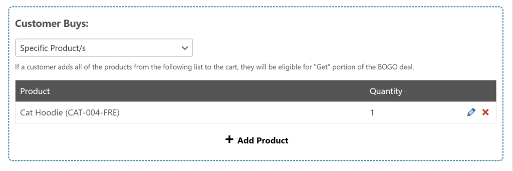 Customer Buys section with Cat Hoodie selected as the trigger product for a BOGO coupon in WooCommerce