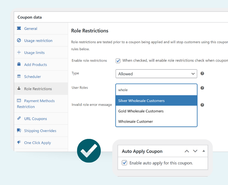 Role restrictions and auto-apply coupon settings in Advanced Coupons