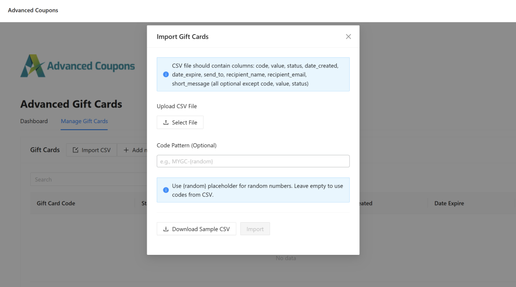 WooCommerce Gift Cards import modal with file upload, code pattern field, and sample CSV download option
